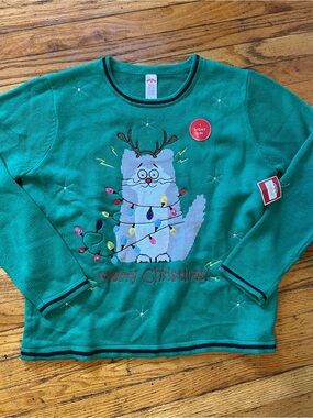 Women’s Holiday Time Green Light-Up Cat Christmas Sweater size L New